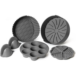 EM Set of 5 Silicone Air Fryer Liners with Egg Bite Mold, Waffle Mold & Mitts - 7.5” Round Reusable Silicone Inserts for 3-5 Qt Airfryers - Easy to Clean & Heat-Resistant Air Fryer Accessories Set