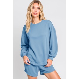 Tankaneo Womens Oversized 2 Piece Outfits Sweatsuit Casual Long Sleeve Crewneck Sweatshirts Sweat Shorts Fall Lounge Sets Light Blue