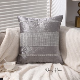 RKAAS HOME Super Soft Decorative Luxurious Diamante Sparkle/Bling Crushed Ice Velvet Square Cushion Cover for Living Room Sofa Couch Bed 45cm x 45cm 18x18 Inches (Pack of 2 - Design 3 Silver Grey)