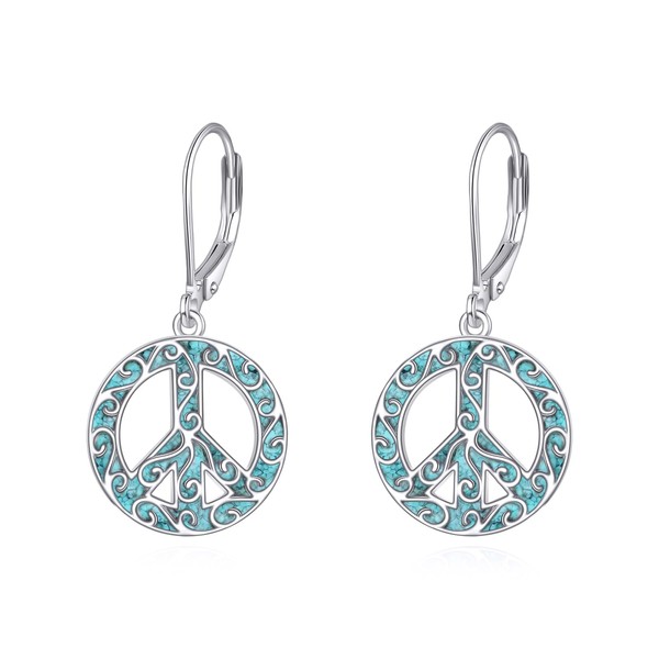 Peace Earrings 925 Sterling Silver Turquoise Peace Sign Drop Dangle