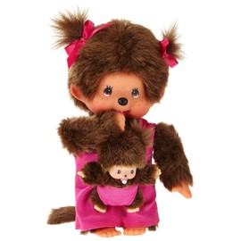 Sekiguchi 236200 Original Monchhichi Mother with Baby, Plush Toy with Pink Dress and Bow in Hair, Approx. 20 cm Large Cuddly Toy Made of Brown Plush