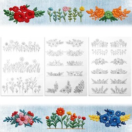 3 Sheets Water Soluble Embroidery Stabilizer, Water Soluble Stabilizer Stick and Stitch Embroidery-Paper Designs Transfer Paper with Pre-Printed Flower and Leaf for Hand Sewing for Embroidery Patterns