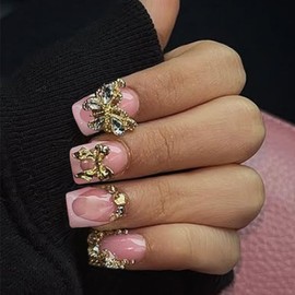 French Tip Press on Nails Short Square Fake Nails with 3D Metallic Rhinestones Butterfly Charms False Nails Nude Pink Full Cover Artificial Nails Cute Stick on Nails for Women Daily Wear 24Pcs