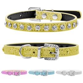 HOWWFALY Pet Bling Accessories Cat and Dog Rhinestone Collar PU Leather Adjustable Collar (Extra Small, Gold)