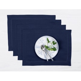 Solino Home Linen Placemats Set of 4 - Classic Hemstitch Navy Placemats 14 x 19 Inch - 100% Pure Linen Table Mats for Summer