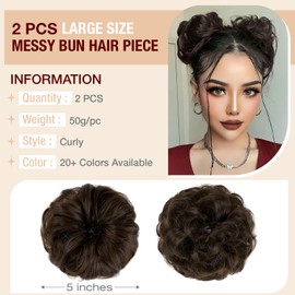 Qunlinta 2 PCS Large Messy Bun Hair Piece, Thick Wavy Curly Hair Bun Scrunchies Extensions Synthetic Chignon Updo Hairpieces for Women Girls Medium Brown