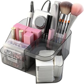 BQAN Clear Acrylic Desk Organizer with Swivel Drawer Drill and Brush Holder Desktop Manicure Tool Storage for Nail Tech Makeup Skin Care (Black) - Professional Salon or Home Black / 회전 서랍 드릴 및 브러시 홀더 네일 테크 메이크업 스킨 케어(블랙)를 위한 데스크톱 매니큐어 도구 보관함이 있는 BQAN 투명 아크릴 데스크 정리함 - 전문 살롱 또는 가정용 Black
