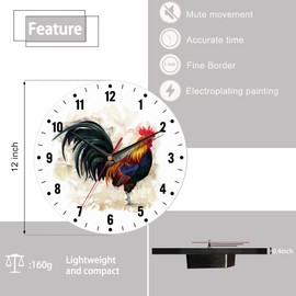 SPUNKER Wall Clock,Rooster Wall Clocks for Living Room Decor,Farm Animal Watercolor Kitchen Clocks Wall Battery Operated - 10 Inch Round Bathroom Wall Clock Silent Non-Ticking