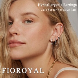 FIOROYAL 3/4 Pairs of Piercing Ear Gold, 14 K Gold Filled Earrings Set for Multiple Ear Holes Flower Moon Cubic Zirconia Hoop Earrings for Women, Helix Piercings Medical Stud Earrings Gold Silver,