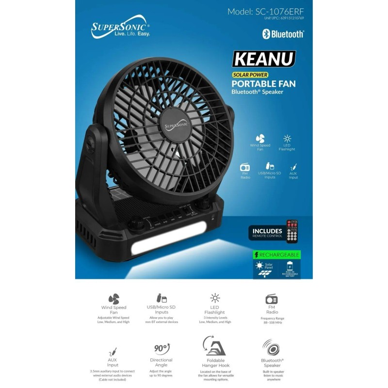 Supersonic Solar Rechargeable Bluetooth Radio + 3-Speed Cooling Fan +