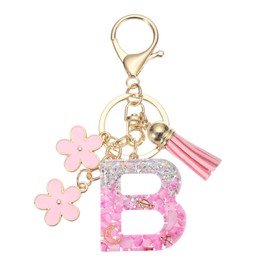 PATIKIL Alphabet Initial Letter Keychain, Resin Cute Keychains with Tassel Flowers Letter B Pendant Charm for Women Key Purse Handbag Bag Accessories, Pink