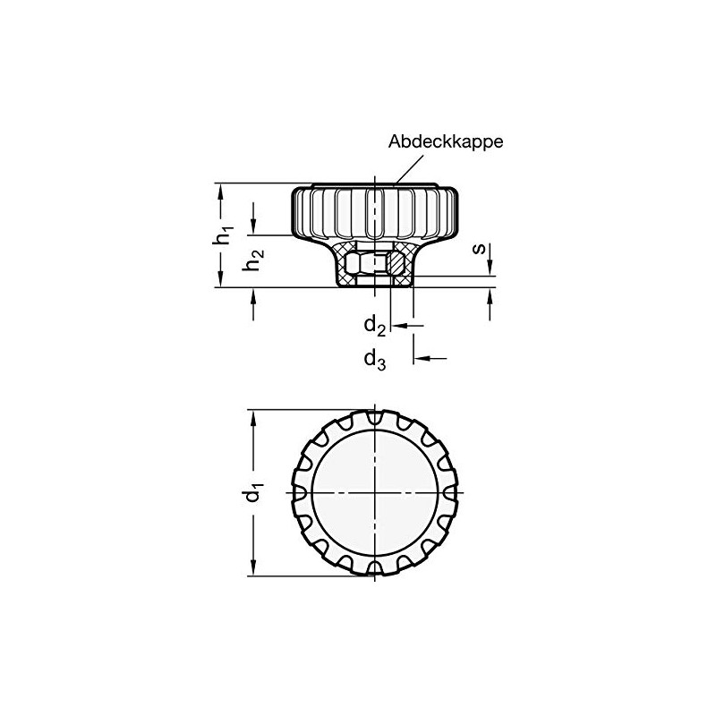 Knurled handle made of polyamide, diameter 42 mm, without thread