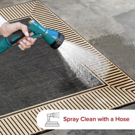 nuLOOM 4' x 5' Outdoor Area Rug, Casual Design With Striped Border, Stain Resistant, Highly Durable, For Patio, Balcony, Bedroom, Living Room, Dining Room, Bathroom, Dark Grey