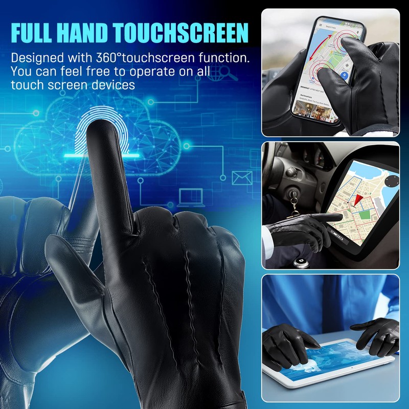 QUKOPSE Winter Leather Gloves for Men,Touchscreen Snow Driving Gloves with