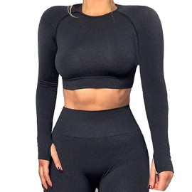 KIWI RATA Women Seamless Long Sleeve Yoga Gym Crop Top Thumb Hole Fitted Sportwear Activewear Outfits (#3 Black, Small)
