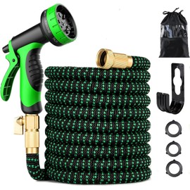 100 ft Expandable Garden Hose - Kink Free Flexible Water Hose 100ft with 10 Pattern Spray Nozzle, 3/4 Solid Brass Connectors, Retractable Latex Core - Lightweight Expanding Hose