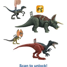 Mattel Jurassic World Dominion Survival Instincts Dinosaur Starter Set, 4 Toy Figures Including Blue, Dilophosaurus & 2 Roar Strikers