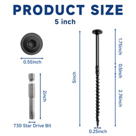 #14 x 5 Inch Structural Wood Screws Kit(55PCS), Heavy Duty Exterior Timber Screws, Black Lag Screws for Wood with Modified Truss Washer Head, Structural Construction Screws with T30 Star Drive Bit