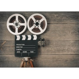 CORFOTO 10x8ft Fabric Retro Movie Camera on Wood Board Backdrop for Photography Vintage Video Reel Director Scene Decorations Theater Movie Party Decoration Photoshoot Booth Studio Props