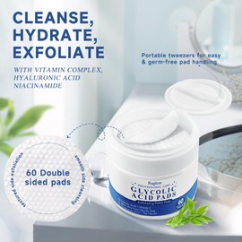 Ragkun Exfoliating Pads - Glycolic Acid 20% Pads for Facial Radiance with Salicylic Acid and Vitamins B5, C & E, Dual Action Gentle Face Pad with Deep Cleaning Effect 60 Count
