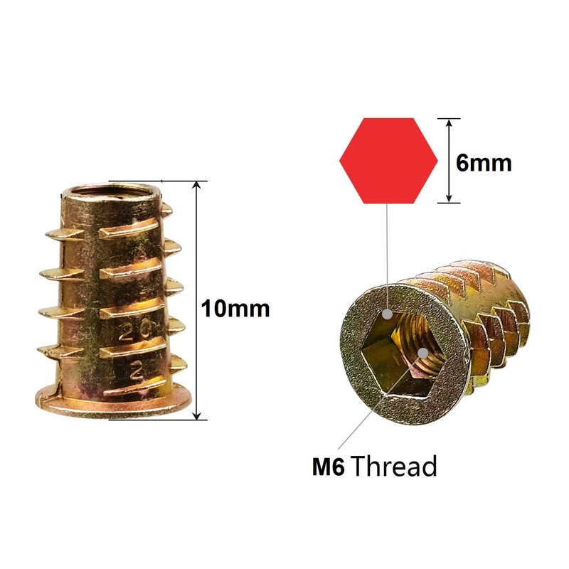 TERF® M6 (6mm) X 10mm Wood Insert Hex Socket Nuts