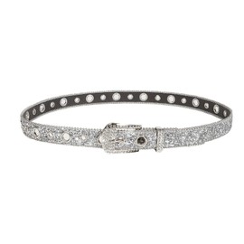 JK Home 103cm Sparkly Rhinestone Western Cowgirl Goth Rock PU Belt, Bling Diamond Cowboy Leather Punk Belt for Women Men, Shiny Sequin Waistband Strap for Jeans Pants Dresses 2.5cm Silver