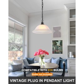 ANYLOVE Vintage Frosted Alabaster Plug in Pendant Light,12" Glass Shade,Black Chain,Adjustable Pendant Light,No Light Source,for Kitchen,Bedroom,Living Room