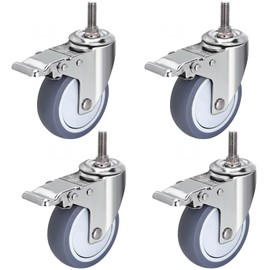 Fixhando 4 Inch Stainless Steel Caster Wheels with Threaded Stem 1/2"-13x1-1/2“ Without Nut, Locking Casters Set of 4, Silent Non-Marking TPR Rubber Wheels for Furniture,Labs,Hospitals,Restaurant