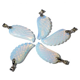 AD Beads 18x36mm Natural Gemstone Carved Angel Wing Reiki Chakra Healing Pendant plus 18'' ball chain necklace White Opalite