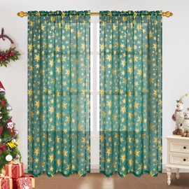 FRAMICS - Cortinas transparentes de Navidad para sala de estar, estampado de copo de nieve dorado, verde, 84 pulgadas de largo, juego de 2 paneles, 52 pulgadas de ancho x 84 pulgadas de largo