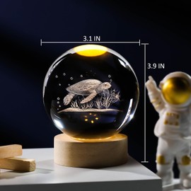 Arikyrist 3D Sea Turtle Crystal Ball Lamp with Wooden Base, 3D Laser Etched Crystal Sea Turtle Decor Glass Sphere Figurine Ornaments, Crystal Sea Turtle Gifts for Women Men Kids