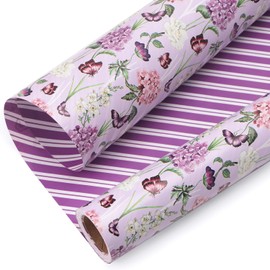Ribbli Mothers Day Wrapping Paper Floral Butterfly and Stripe Reversible Mini Roll Gift Wrap for Women Girls Anniversary Birthday Wedding 17 Inch x 33 Feet-Purple