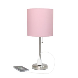 Simple Designs LT1144-LPK Sleek and Slender Brushed Steel Table Lamp with Charging Outlet, for Bedroom, Living Room, Entryway, Office, Dining Room, Study, Light Pink Shade