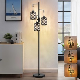 GyroVu Crystal Floor Lamps for Living Room, 3-Light Black Floor Lamp, Standing Tall Lamp with Elegant K9 Crystal Shade & Rotary Switch, Modern Corner Floor Lamp for Bedroom, Home Office, Reading