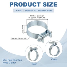 PATIKIL 10 Pcs 24-26mm Mini Fuel Injection Hose Clamps Zinc Plated Adjustable Clamp