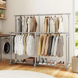 Heavy Duty Metal Double Rod Clothes Rack Garment Rack High Quality Clothing Display Railcolor: Silver Color