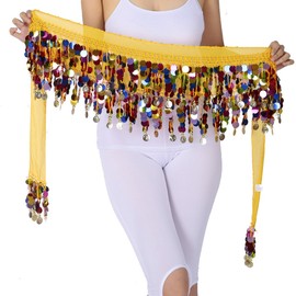 ZLTdream Belly Dance Color Sequin Film Gong Hip Scarf Skirt With Gold Coins For Women Belly Dancer Costume Chiffon Yellow