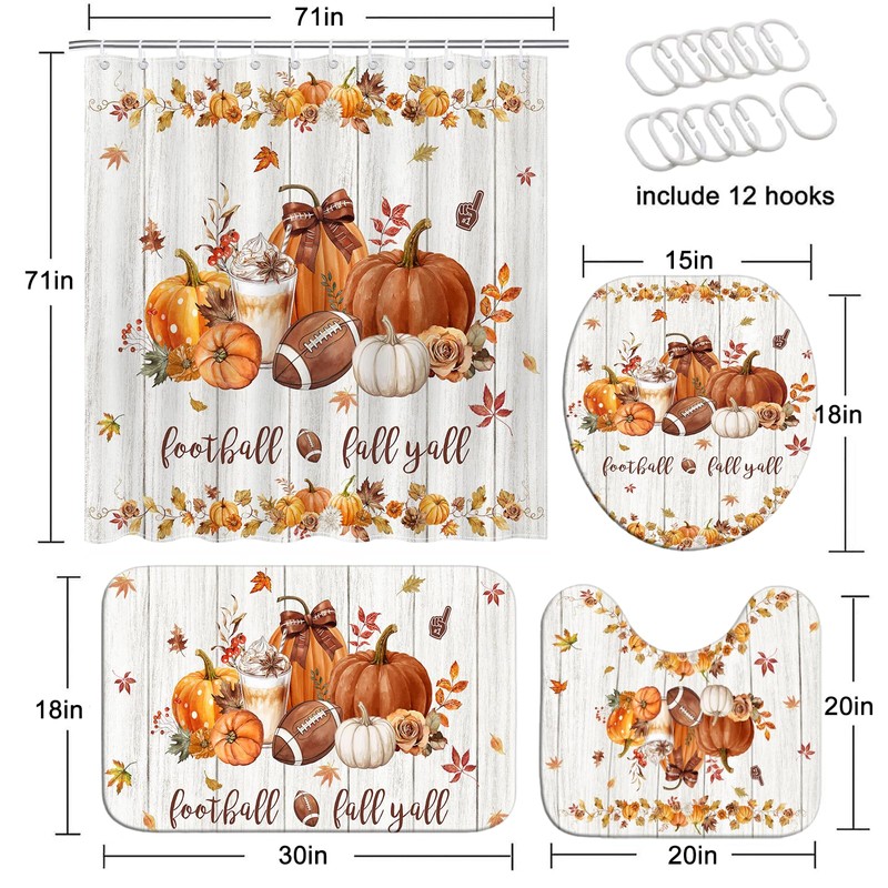 4pcs Farmhouse Pumpkin Fall Bathroom Decor Shower Curtain Set 72