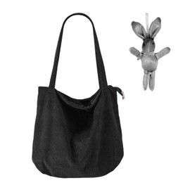 GVSAVY 1 Black Corduroy Bag, With 1 Rabbit Charm, Retro Shoulder Bag, Simple Beach Bag, Casual Large Capacity Shopping Bag, Zipper Handbag