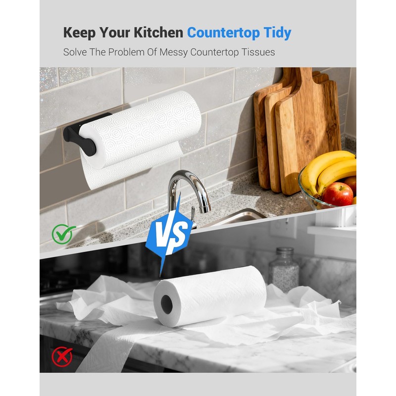 Paper Towel Holder Under Cabinet, One-Handed Tear, Wall Mount, Adhesive,