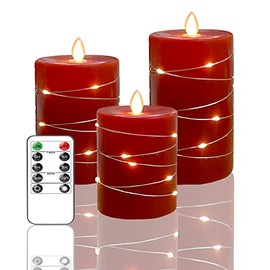 Fanzir Red Flameless Candles Battery Candles with String Lights, Flickering Candles with Remote Control and Timer Battery Powered LED Candlesfor Seasonal and Festive Celebrations Set of 3 Candles