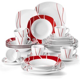 MALACASA Fiesta Dinnerware Sets, 18//24/30-Piece Porcelain Square Dishes, Gray White with Red Rim, Modern Dish Set for 6 - Plates and Bowls Sets, Cups and Saucers Set - Series FELISA - Number Of Piece: 30 Piece
