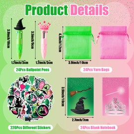 AgincBerry Princess Witch Stationery Gift - 12 Pack Green and Pink Party Favors 4-in-1 Broom Ballpoint Pens Mini Notebooks Stickers and Organza Witch Goodie Bags Stuffer Fillers for Kids School Reward