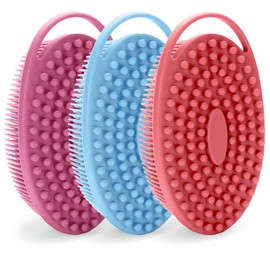 Silicone Body Scrubbers, Silicone Face Scrubber for Women & Shower Scrubber for Body, Large Flat Head Design with Handle - Blue, Purple & Watermelon Red
