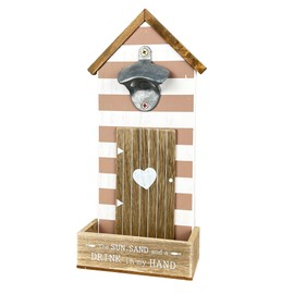 Wall Mounted Bottle Opener with Cap Catcher Vintage Beach Hut Home Bar Gift Sign