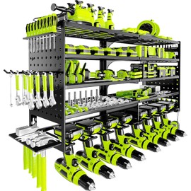 5 Layers Power Tool Organizer Wall Mount, Metal Cordless Tool Hanger Storage Rack Holder with 8 Drill Holders, Heavy Duty Garage Wall Tool Shelf for Workshop Tool Room Shed Pegboard Black