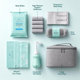Mama & Wish Kit de recuperación de cesárea: 12 piezas esenciales para el posparto con faja abdominal, toallitas húmedas, parches de silicona para cicatrices, biberón, ropa interior, calcetines antides