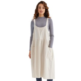 Surblue Cotton Linen Apron Cross Back Apron for Women with Pockets Pinafore Dress for Baking Cooking Gardening, Beige