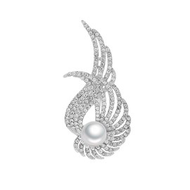 Rhinestone Angel Wings Pearl Brooch Lapel Pins for Women Men Fashion Elegant Silver Tone Feather Brooches Pin for Dresses Suit Coat Breastpin Wedding Party Trendy Jewelry (White)