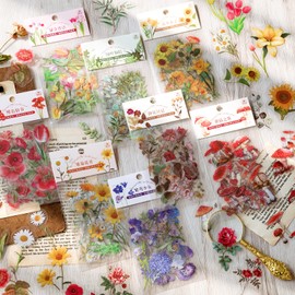 Knaid Botanical Stickers Set (320 Pieces) Pressed Flower Resin Decals Transparent Daisy Tulip Eucalyptus Leaf Mushroom Journaling Sticker for Scrapbook Card Making Junk Journal Bullet Journal Planner